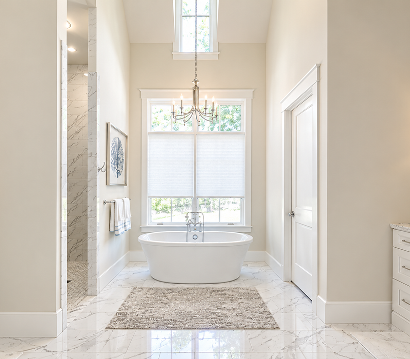 Custom vanity cabinetry with warm lighting