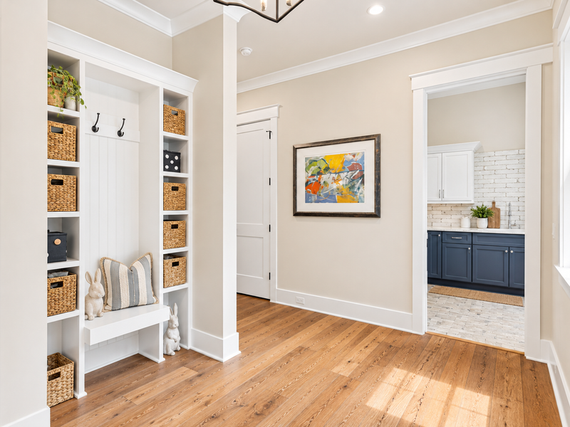 Custom mudroom with built-in storage and bench seating
