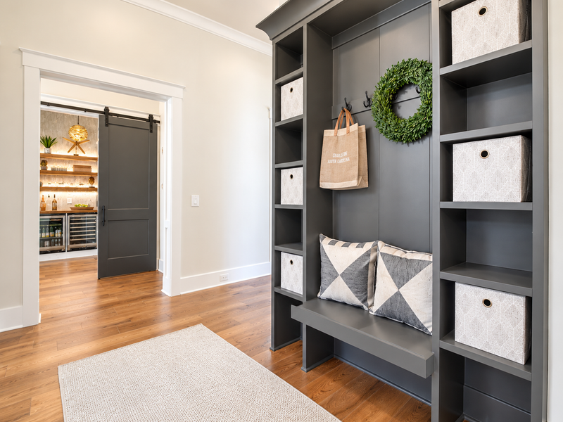 Modern home office with organized custom storage